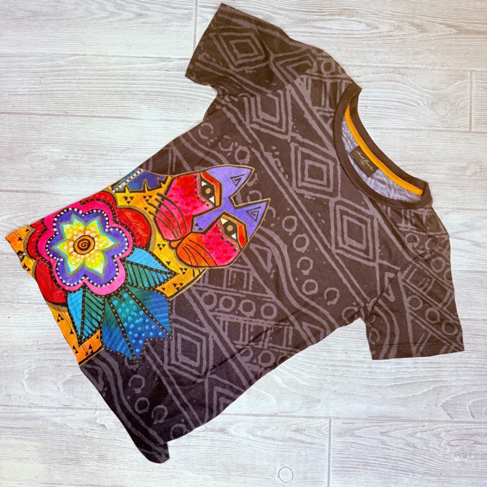 Laurel Burch Black Tee Shirt Mara Cat short sleeve t shirt medium top - Picture 2 of 4